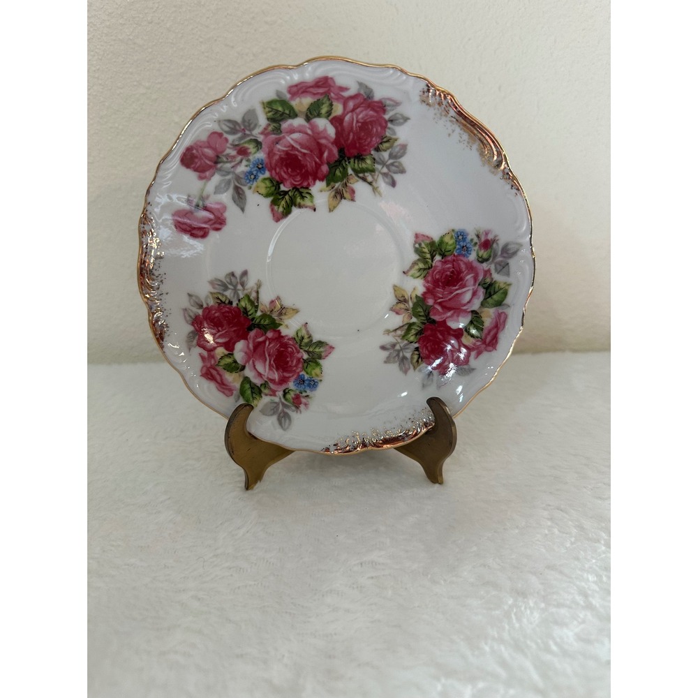 Royal Halsey Very Fine Porcelain Saucer Pink Roses Gold Gilt Scalloped Japan